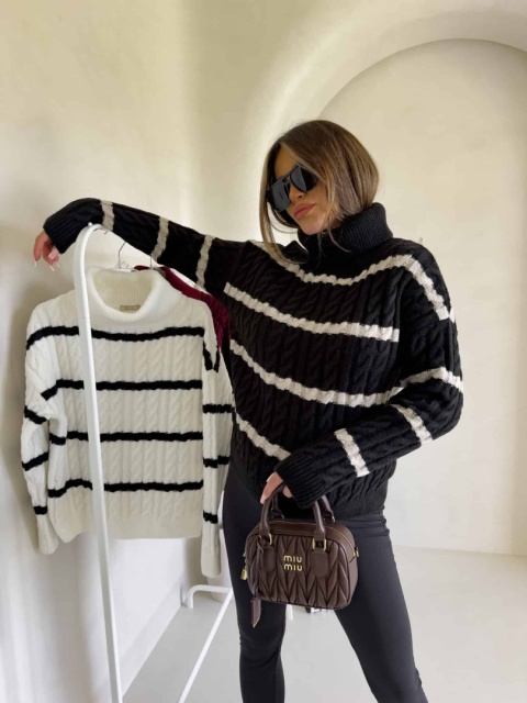 Sweter golf INKO pasy czarno beżowe By Me