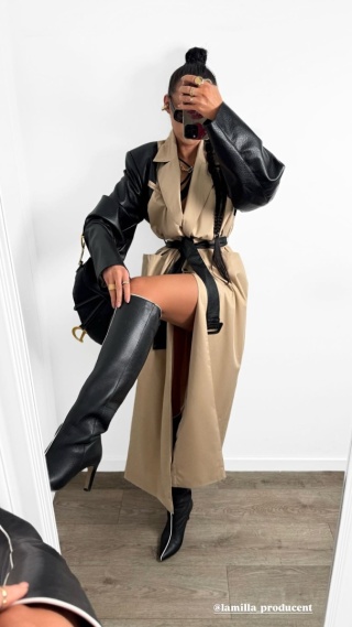 Beżowy trencz ze skórzanymi rękawami La Milla