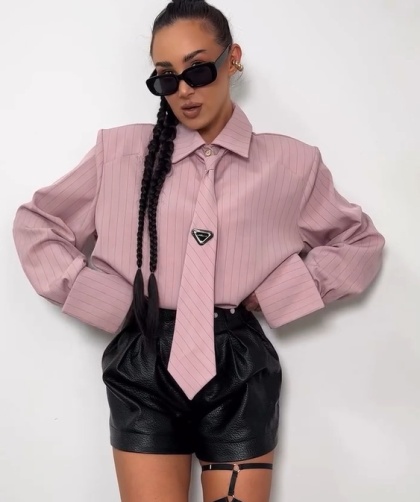 Koszula z krawatem pudrowa w paseczki La Milla