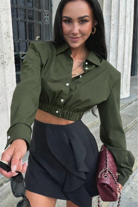 Krótka koszula zieleń khaki z perełkowymi, ozdobnymi guziczkami i ściągaczem La Milla