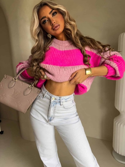 Sweter LEGEND pasy jasny róż - fuksja By Me