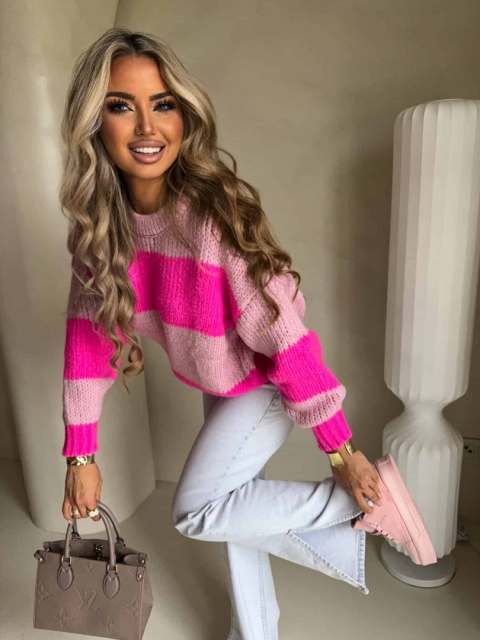 Sweter LEGEND pasy jasny róż - fuksja By Me