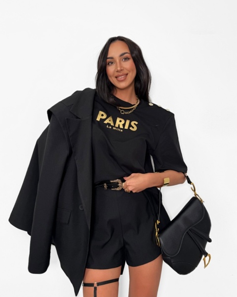 Tshirt PARIS czarny ze złotym logowaniem i guzikami La Milla