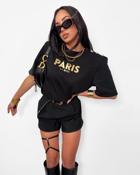 Tshirt PARIS czarny ze złotym logowaniem i guzikami La Milla