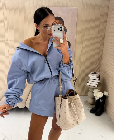 Komplet bluza na suwak i spodenki niebieski jeans La Milla