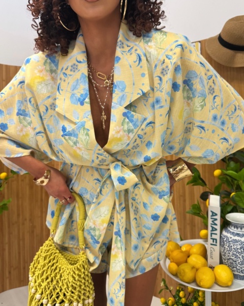 Komplet lniany kimono i szorty żółty La Milla