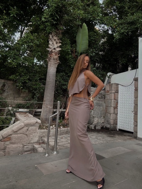 Komplet spódnica i wiązany top mokka AGATHA FASHION