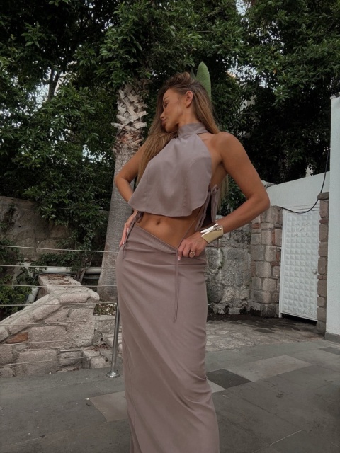 Komplet spódnica i wiązany top mokka AGATHA FASHION