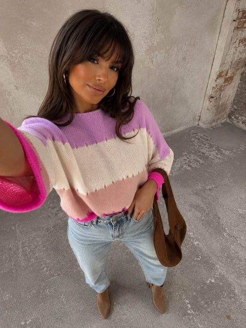 Sweter SOFT pasy – lila-ecru By Me