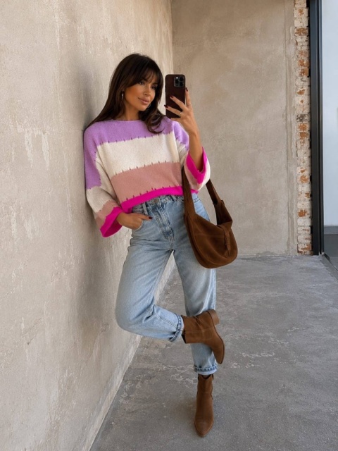 Sweter SOFT pasy – lila-ecru By Me