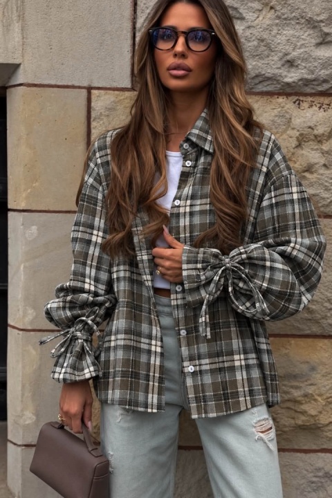 Koszula w kratkę z wiązanym rękawami zielona Lil Glam
