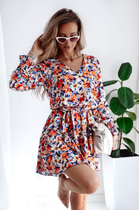 Sukienka z wiskozy w kwiatowy wzór ze ściągaczowym mankietem - XANA