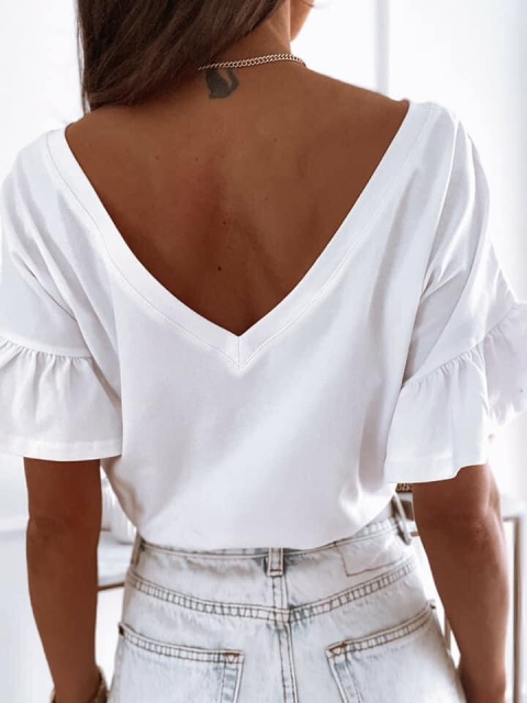 Bluzka dwustronna z falbankowym rękawem biała - BOCCA