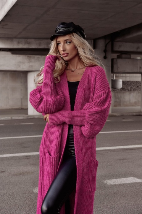 Długi kardigan z kieszeniami BELLA jagodowy - XANA