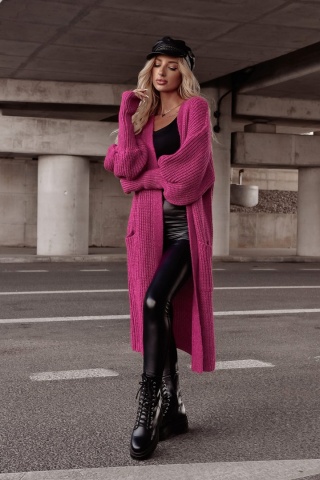 Długi kardigan z kieszeniami BELLA jagodowy - XANA