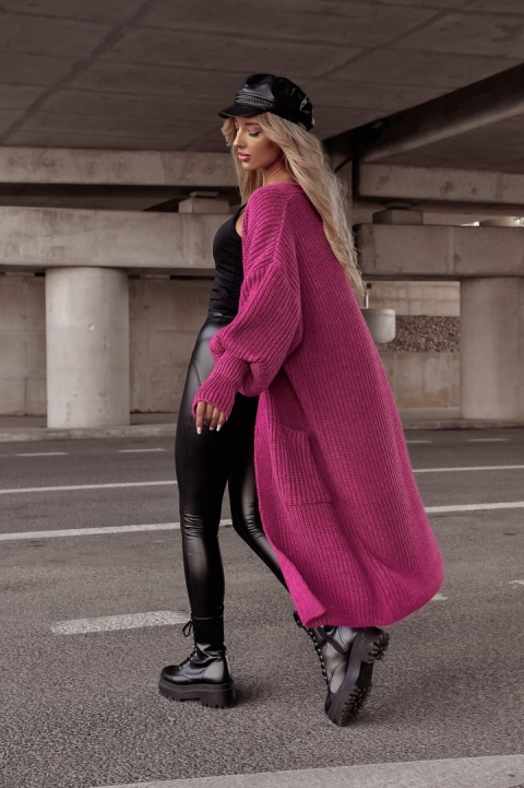 Długi kardigan z kieszeniami BELLA jagodowy - XANA