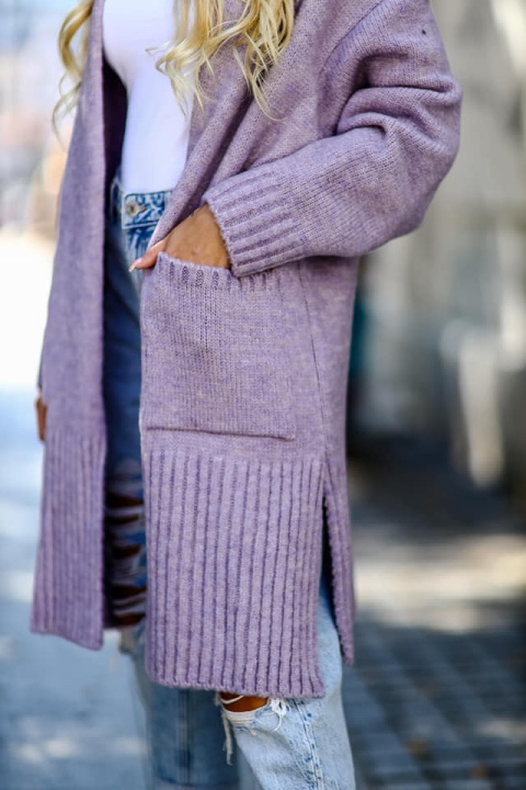 Długi kardigan z kieszeniami CASCADA lawendowy - ME GUSTA