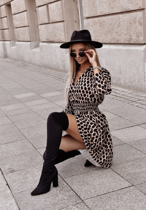 Sukienka z kołnierzykiem HONEY beżowo-czarna - XANA