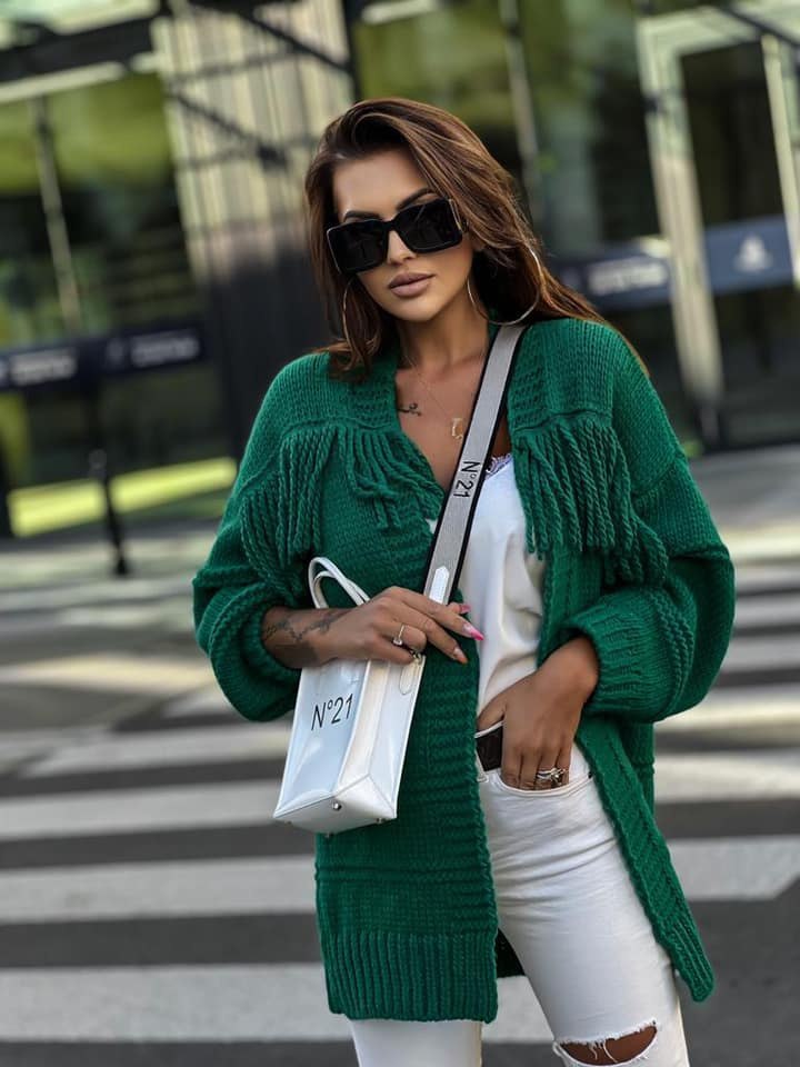 Sweter z frędzlami FRINGIE zielony - SEMPRE