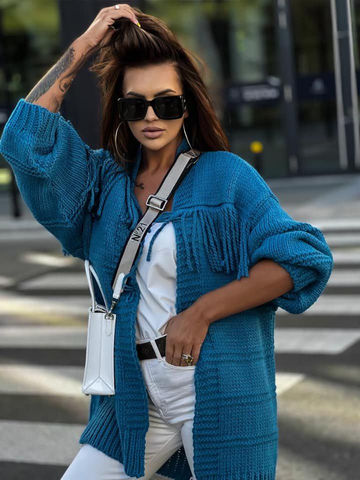 Sweter z frędzlami FRINGIE niebieski - SEMPRE