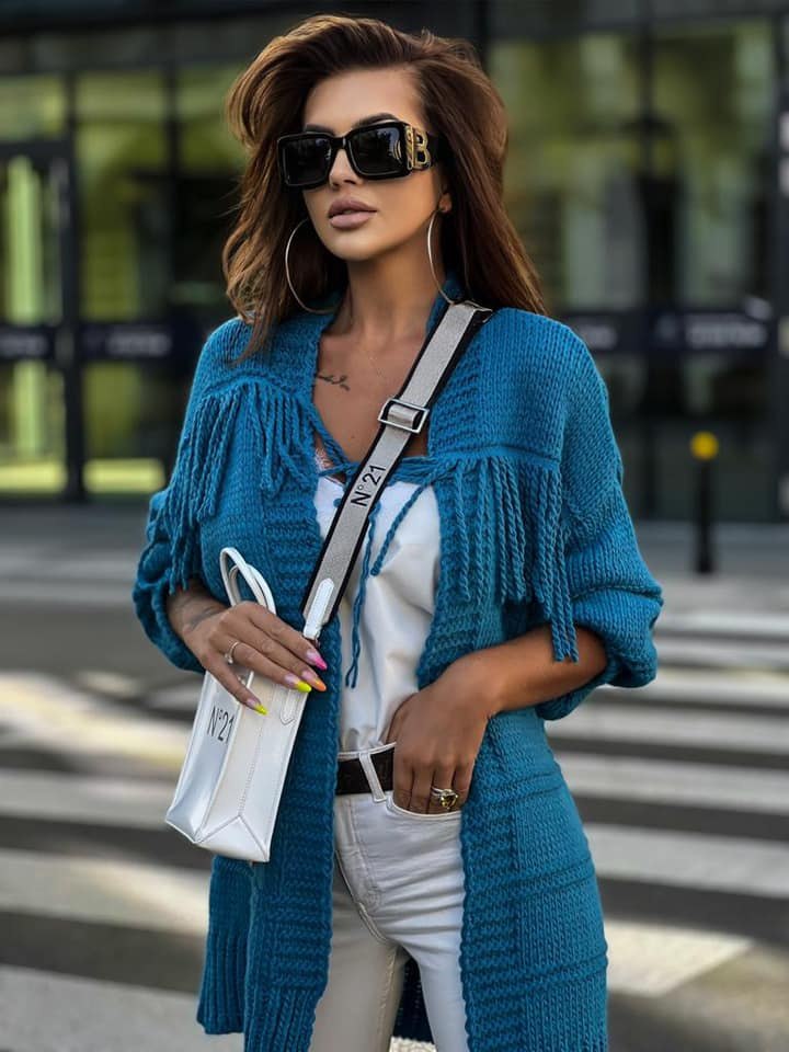 Sweter z frędzlami FRINGIE niebieski - SEMPRE