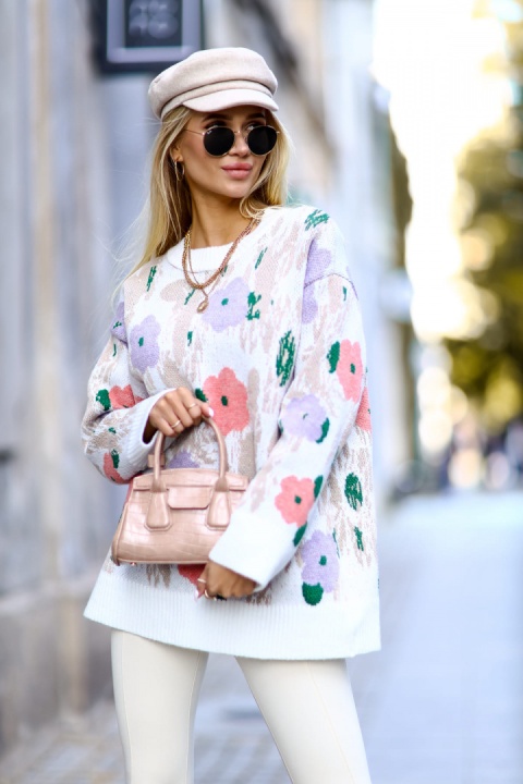 Żakardowy sweter w kwiaty LILY kremowy - ME GUSTA